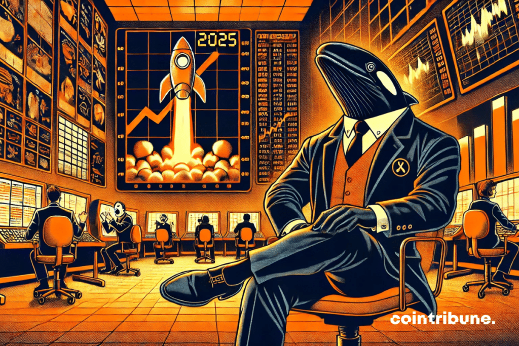 Une baleine bitcoin anthropomorphe en costume, silhouette imposante assise face à un mur d’écrans