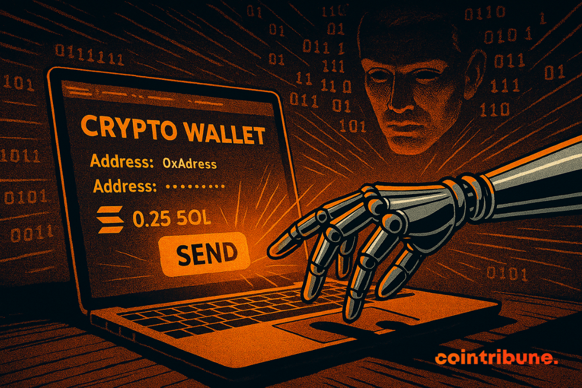 Mão de robô enviando uma transação em uma interface de carteira de criptografia