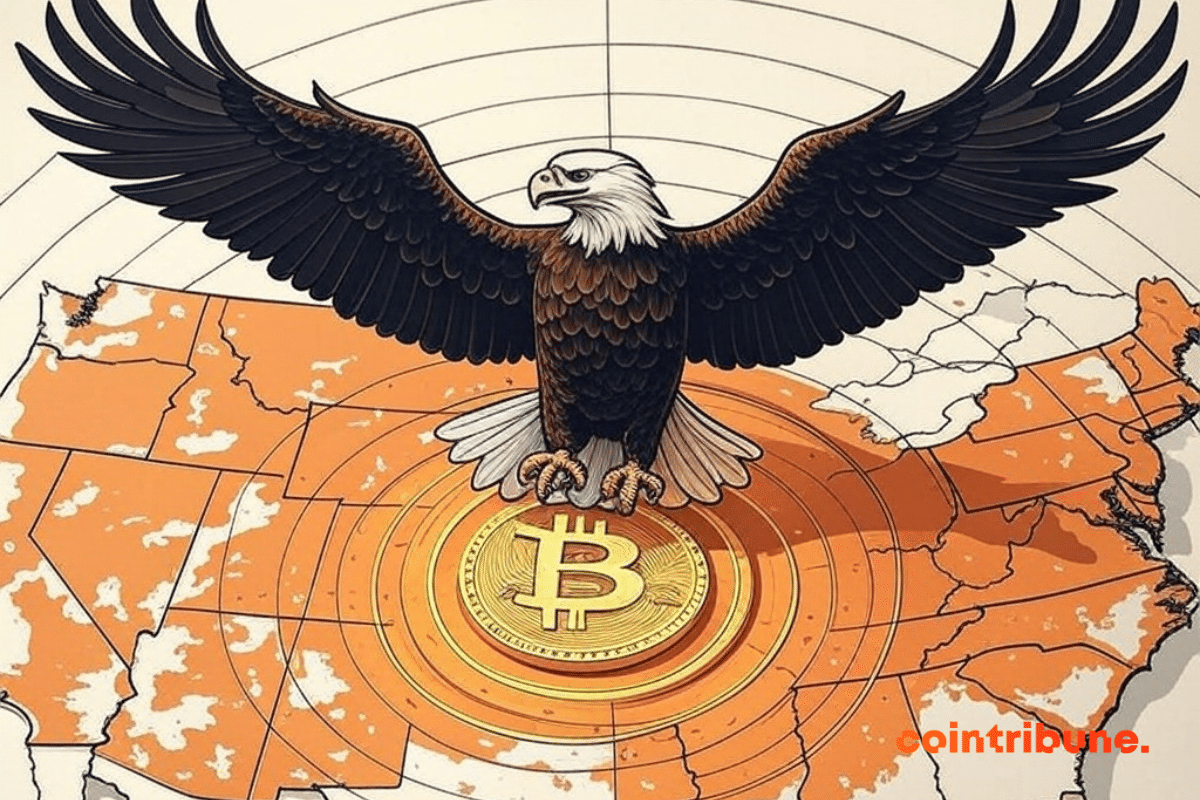 Mapa dos Estados Unidos, com uma águia voando sobre uma moeda de bitcoin