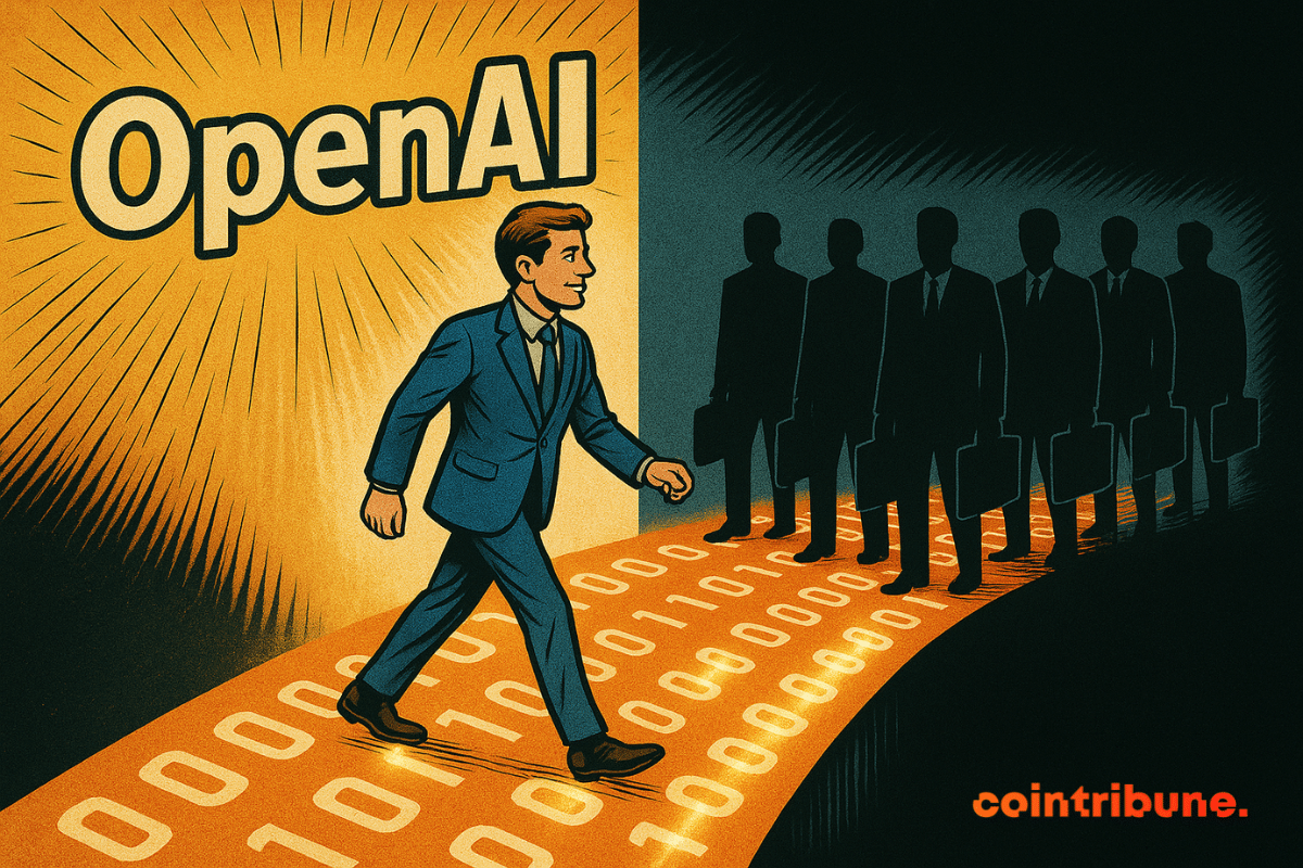 Ilustração de Sam Altman atravessando uma ponte de dados digitais enquanto os investidores observam.