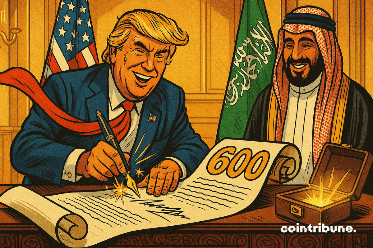 Donald Trump, ao centro, usando um terno azul e uma gravata vermelha flutuante, assina de forma teatral um contrato gigante estendido sobre uma mesa luxuosa com uma caneta-tinteiro dourada.