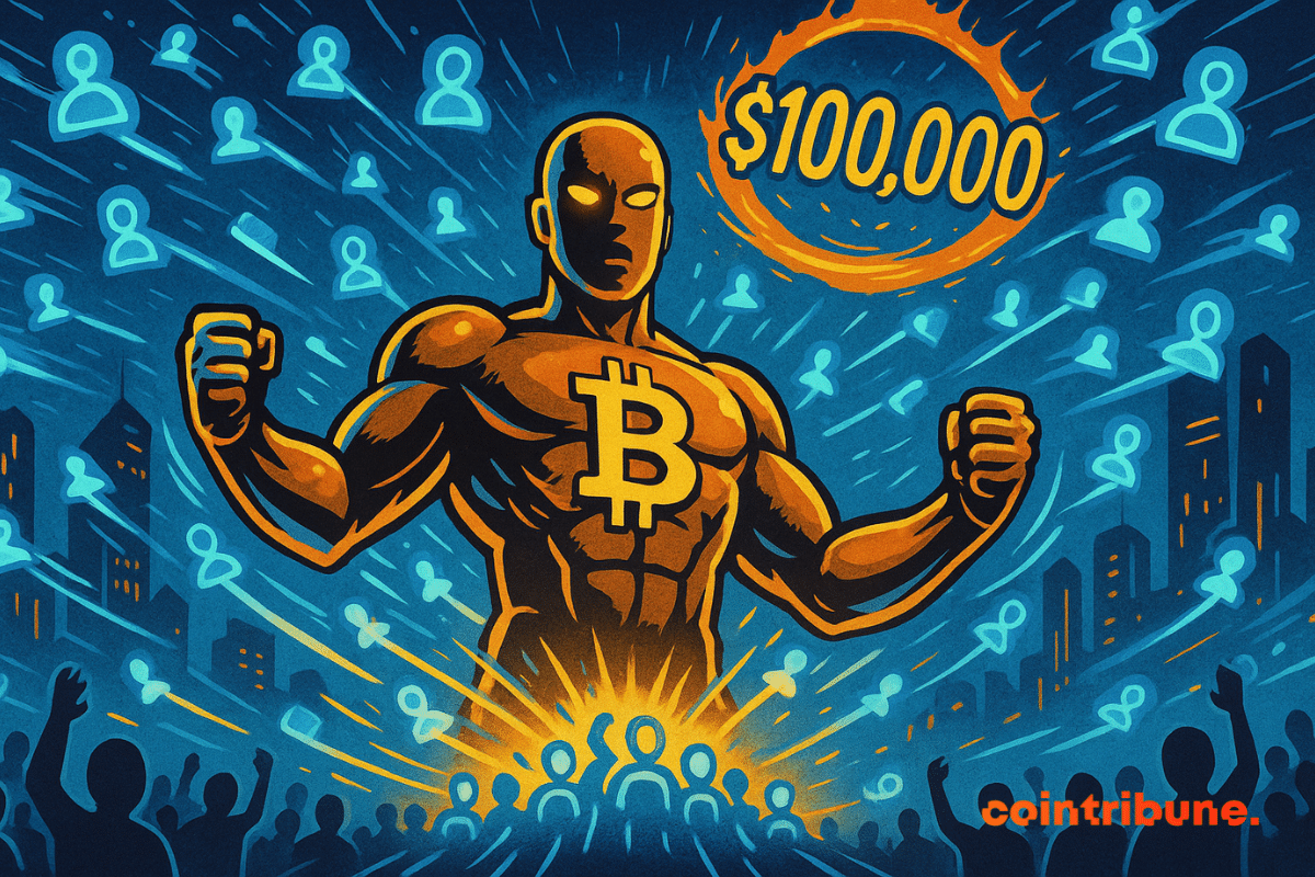Um Golem dourado e musculoso, com armadura tecno-orgânica gravada com o logotipo luminoso do Bitcoin em seu peito.