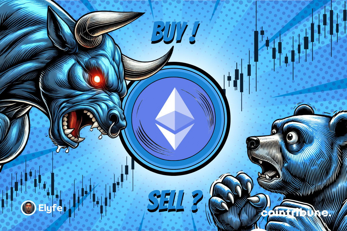 ETH logo on a blue or red background with a bear and a blue bull with an expressive look on either side. A graph appears in the background.