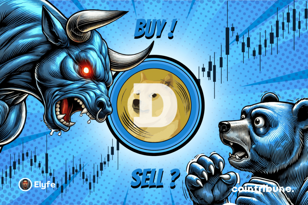 Logotipo do Doge em um fundo azul ou vermelho com um urso e um touro azul com um olhar expressivo em ambos os lados. Ao fundo, aparece um gráfico.