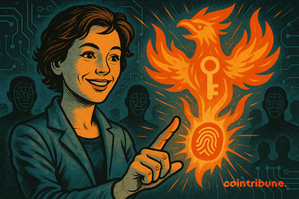 Uma mulher sorridente ativa um símbolo digital brilhante de uma fênix, exibindo uma chave e uma impressão digital, representando a identidade biométrica em um mundo Web3.