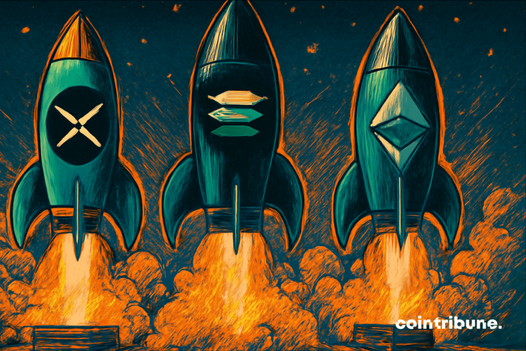 Três foguetes com os logotipos XRP, Solana e Ethereum prontos para serem lançados em estilo de história em quadrinhos retrô.