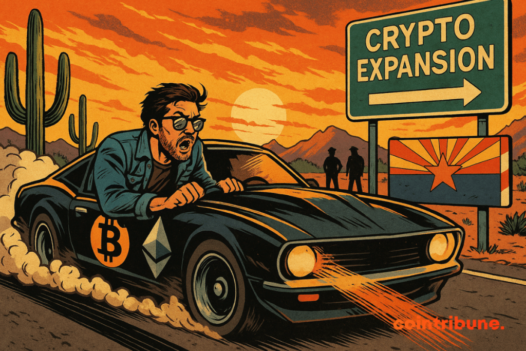 A crypto-themed muscle car screeches to a halt on an Arizona desert road at sunset.