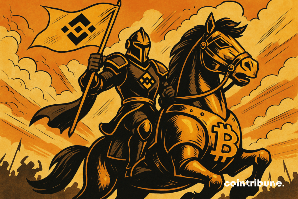 Cavaleiro acenando uma bandeira da Binance em uma montaria de Bitcoin