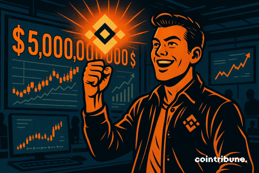 Jovem comerciante fazendo um gesto de vitória com o logotipo da Binance e um quadro exibindo a cifra de US$ 5 bilhões ao seu lado