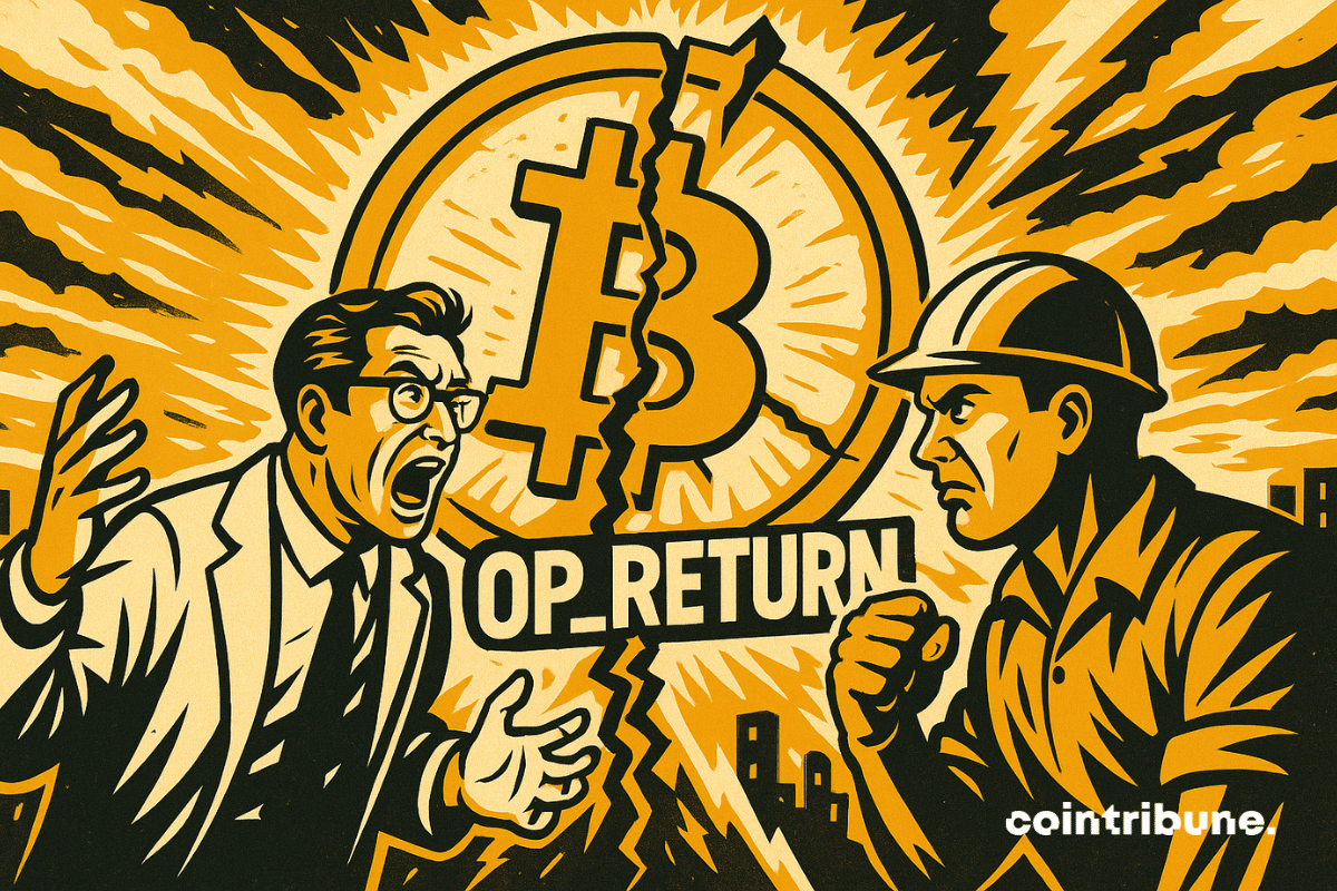 Ilustração mostrando uma cena de divisão entre jogadores de Bitcoin
