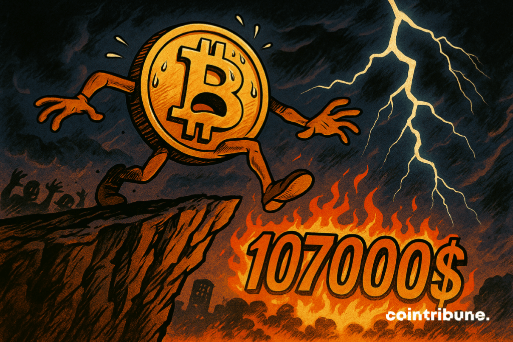 Moeda bitcoin antropomórfica, na beira de um penhasco com o número $ 107.000 gravado nela