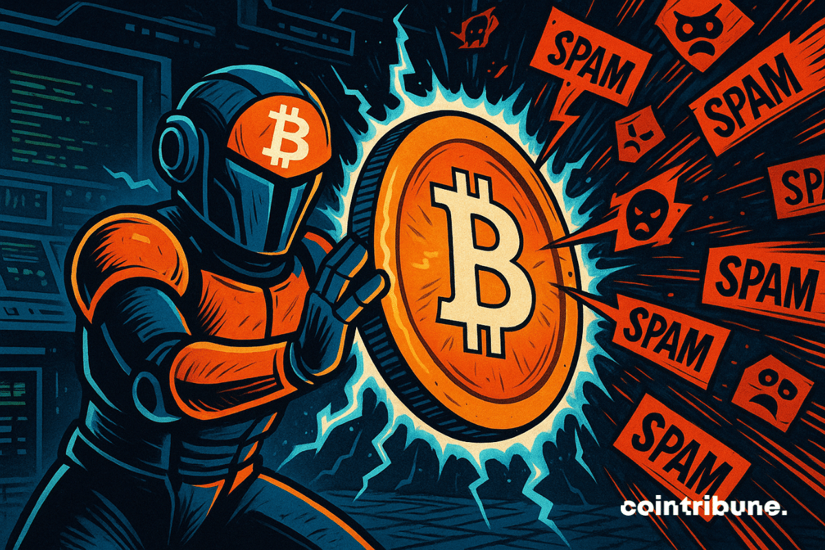 Ilustração do guardião do Bitcoin protegendo a rede contra spam