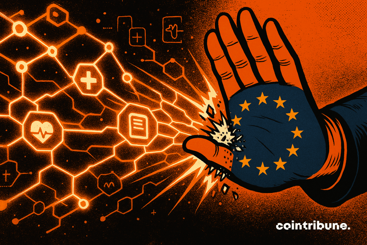 Fluxos de dados digitais bloqueados por uma mão estampada com a bandeira da UE