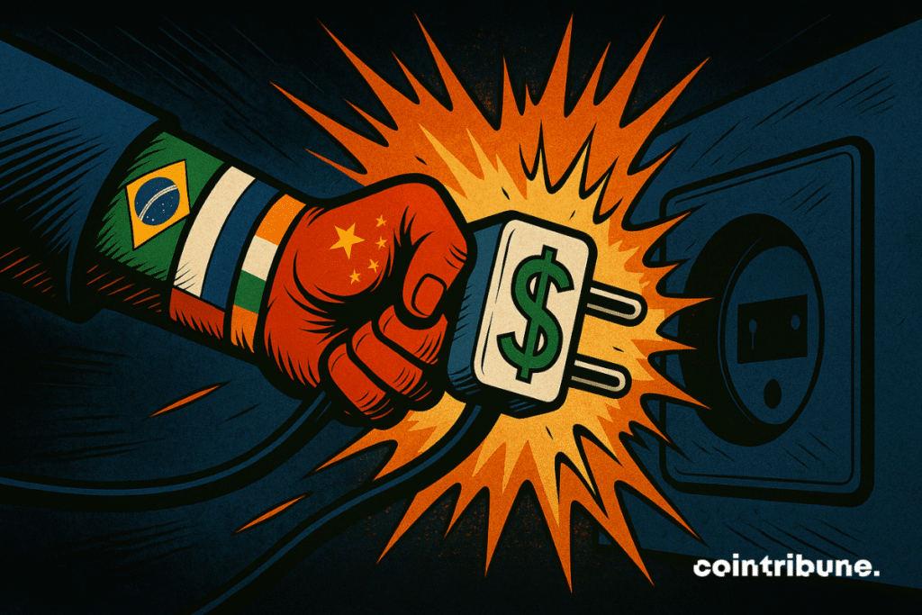 Uma mão coletiva (formada pelas bandeiras dos BRICS) arranca uma tomada gigante marcada com um "$", simbolizando o desengajamento dos ativos dos EUA.