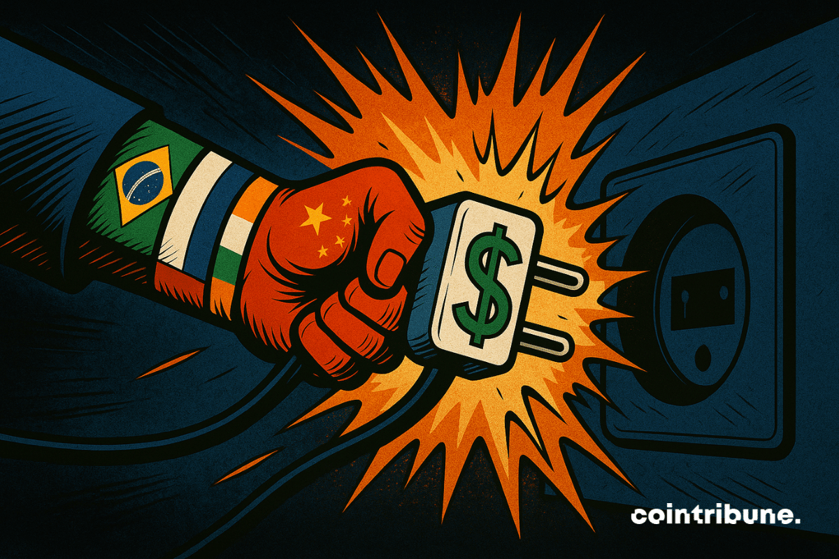 Uma mão coletiva (formada pelas bandeiras dos BRICS) arranca uma tomada gigante marcada com um "$", simbolizando o desengajamento dos ativos dos EUA.