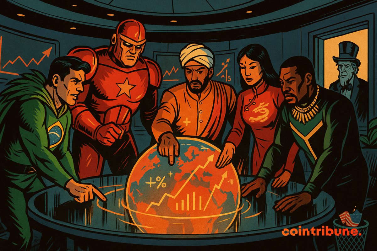 Cinco figuras inspiradas em super-heróis, cada uma representando um país dos BRICS.
