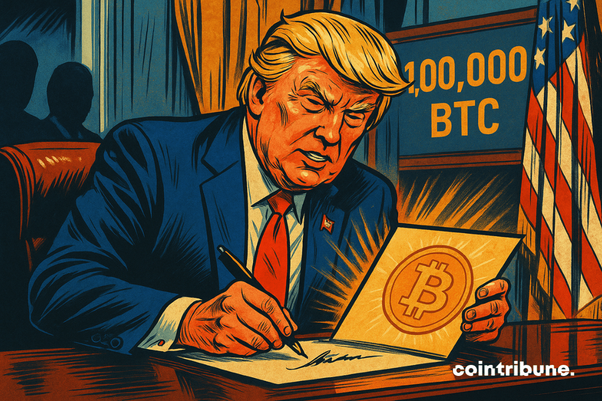 Ilustração de Donald Trump no trem como signatário do Bitcoin Act