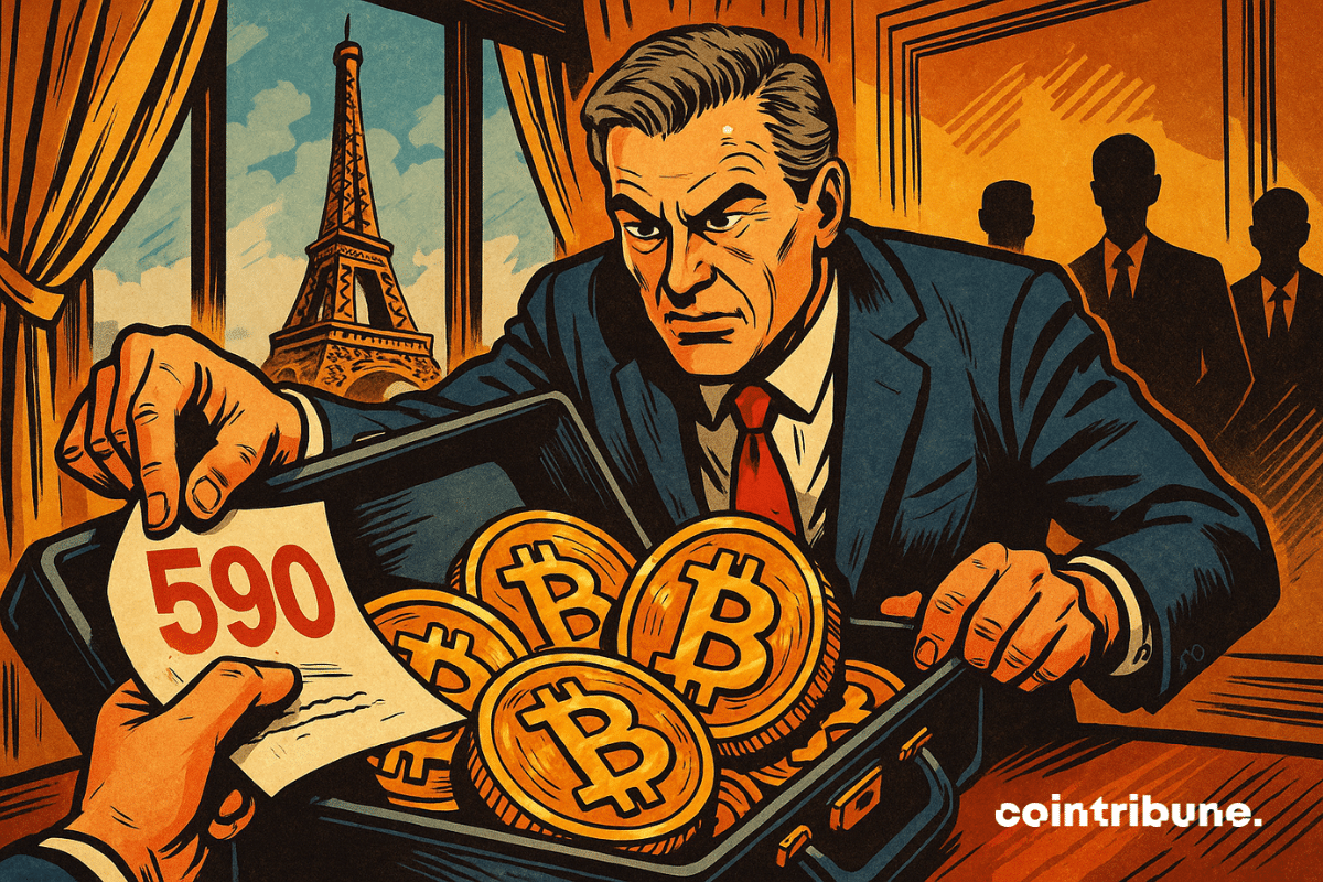 Um empresário francês de aparência determinada abre uma maleta cheia de moedas douradas de Bitcoin.