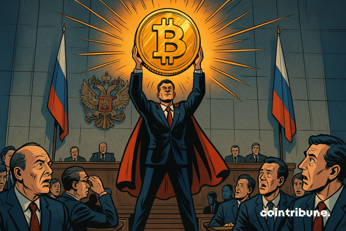 Um alto funcionário do Banco Central da Rússia, em um impecável terno azul escuro, está de pé com os braços levantados, segurando uma gigantesca moeda dourada de Bitcoin acima da cabeça.