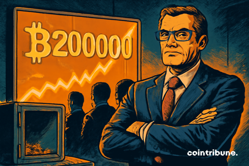 Ilustración de un gerente frente a una pantalla brillante que muestra "₿200000"