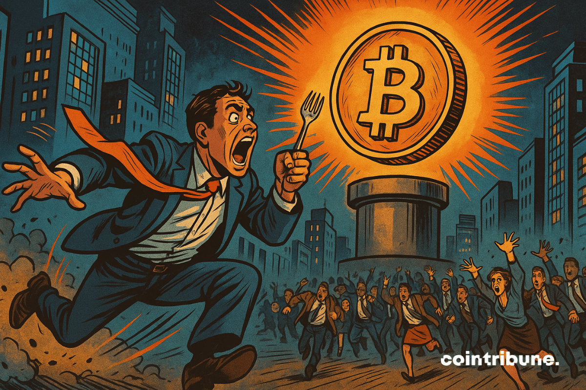 Um homem corre com um garfo na mão em direção a um enorme e brilhante Bitcoin suspenso acima de um pedestal.