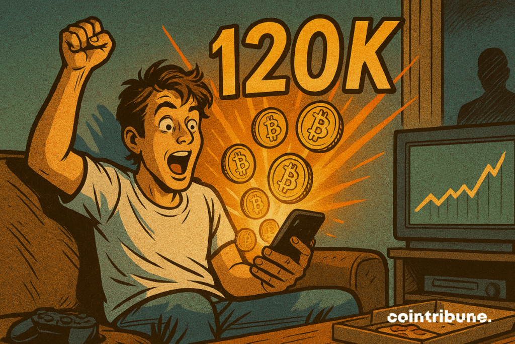 Homem animado segurando um telefone com moedas de Bitcoin brilhantes e "120K" acima em estilo de história em quadrinhos vintage.