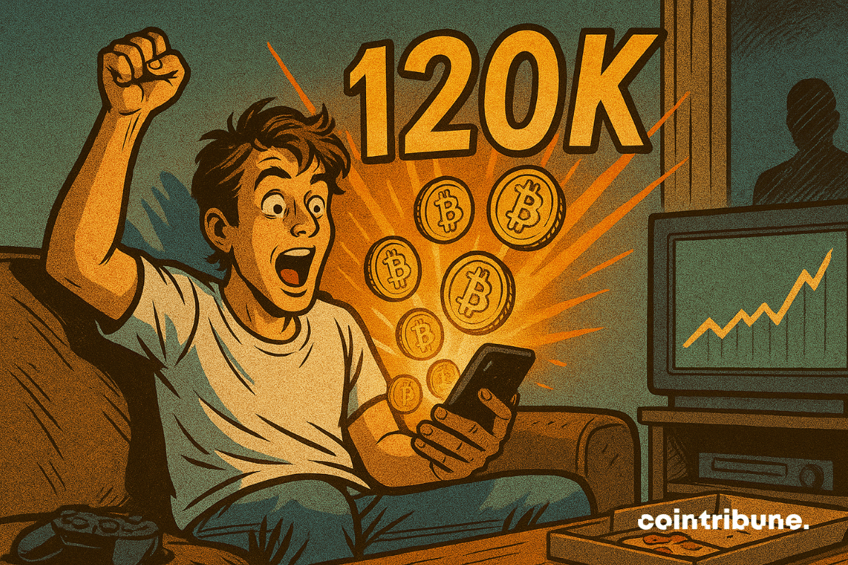Homem animado segurando um telefone com moedas de Bitcoin brilhantes e "120K" acima em estilo de história em quadrinhos vintage.