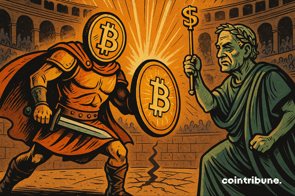Um gladiador com o logotipo do Bitcoin enfrenta um imperador romano