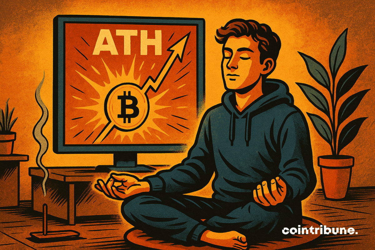 Um trader de Bitcoin sentado em posição de lótus, meditando diante de uma tela de trading em chamas.