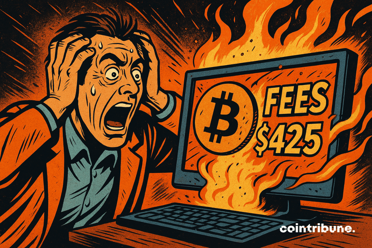 Ilustração de um homem com as mãos na cabeça gritando em choque enquanto olha para uma tela de computador em chamas exibindo o logotipo do Bitcoin.