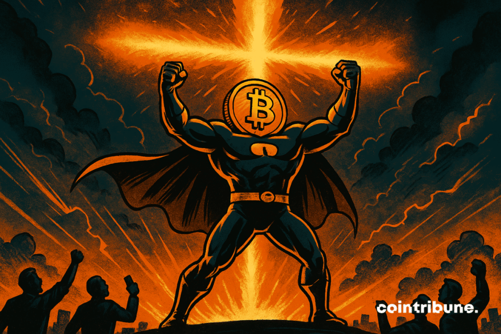 El Bitcoin personificado como un superhéroe.