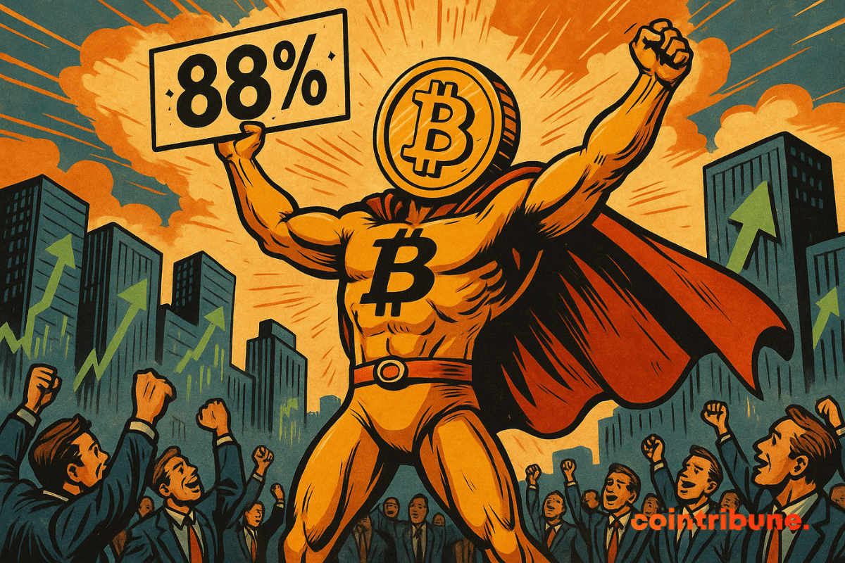 A imagem mostra um super-herói Bitcoin musculoso e triunfante segurando uma placa com a inscrição “88%”.