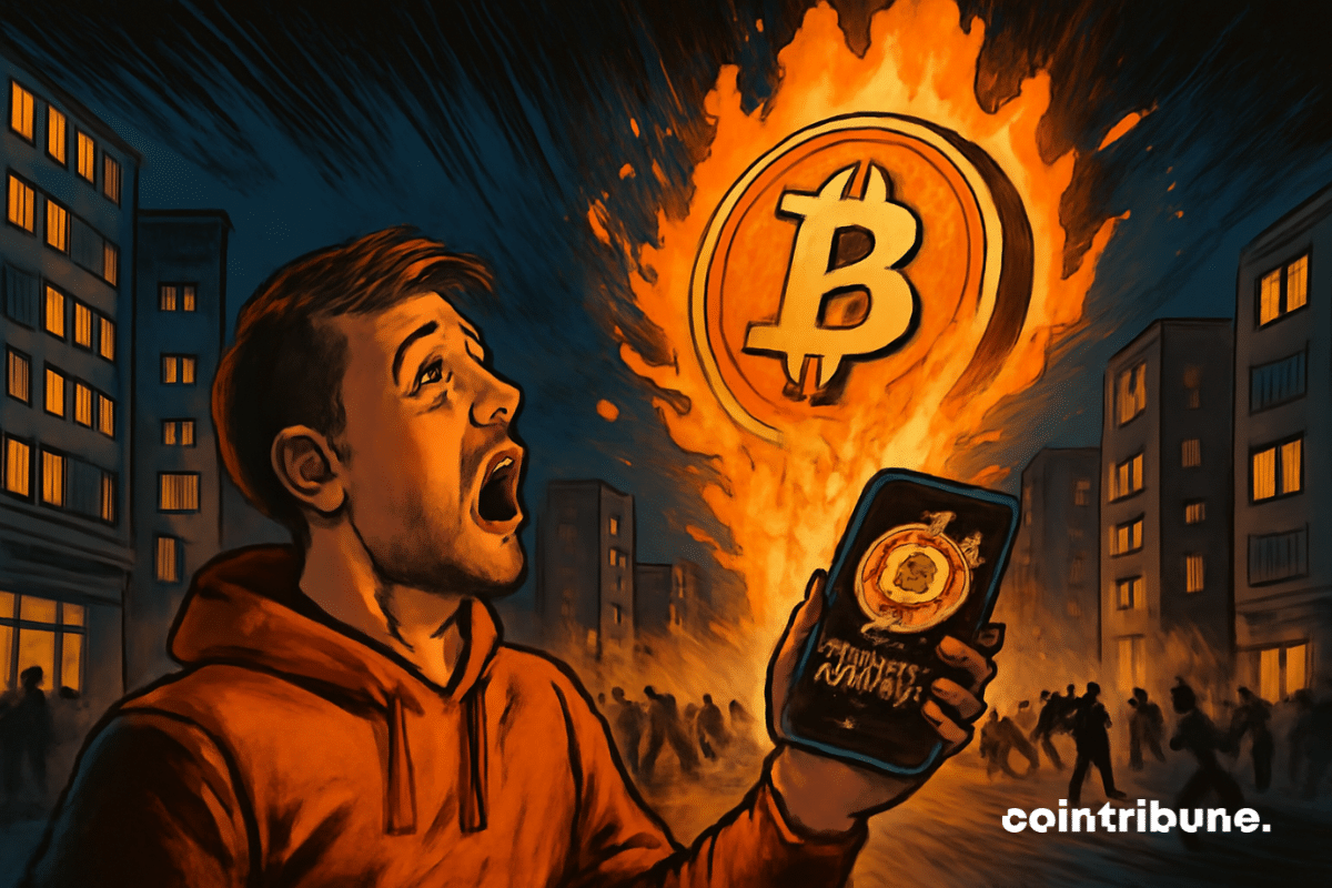 Uma gigantesca moeda dourada de Bitcoin surge do solo em chamas como um vulcão. Ela domina a cena, lançando chamas e fragmentos brilhantes para o céu.