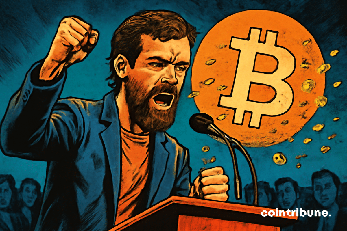Ilustração de Jack Dorsey com o punho erguido, defendendo o Bitcoin.
