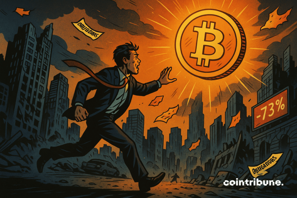 Un homme d’affaires fuyant le chaos court à toute vitesse, le corps légèrement penché vers l’avant, la main tendue vers le Bitcoin en l’air.
