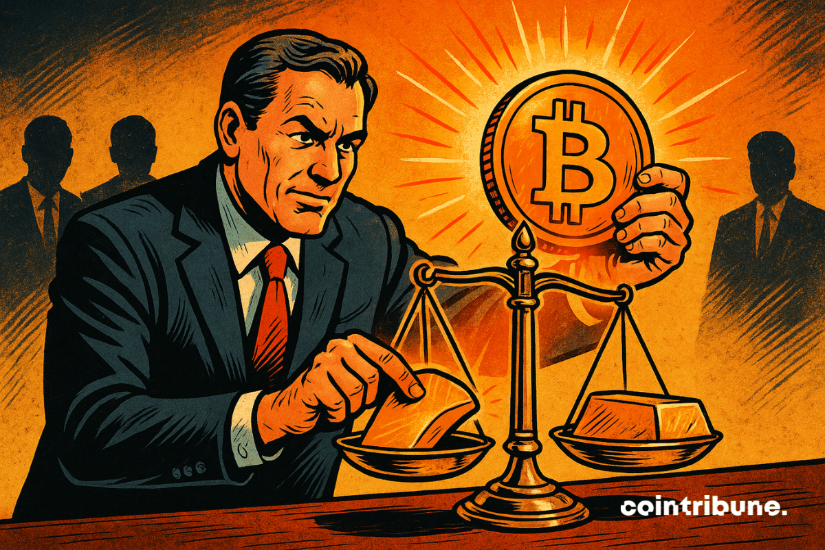 Ilustração de um empresário de terno, com um olhar determinado, pesando uma barra de ouro em comparação com uma moeda de bitcoin brilhante em uma balança antiga.