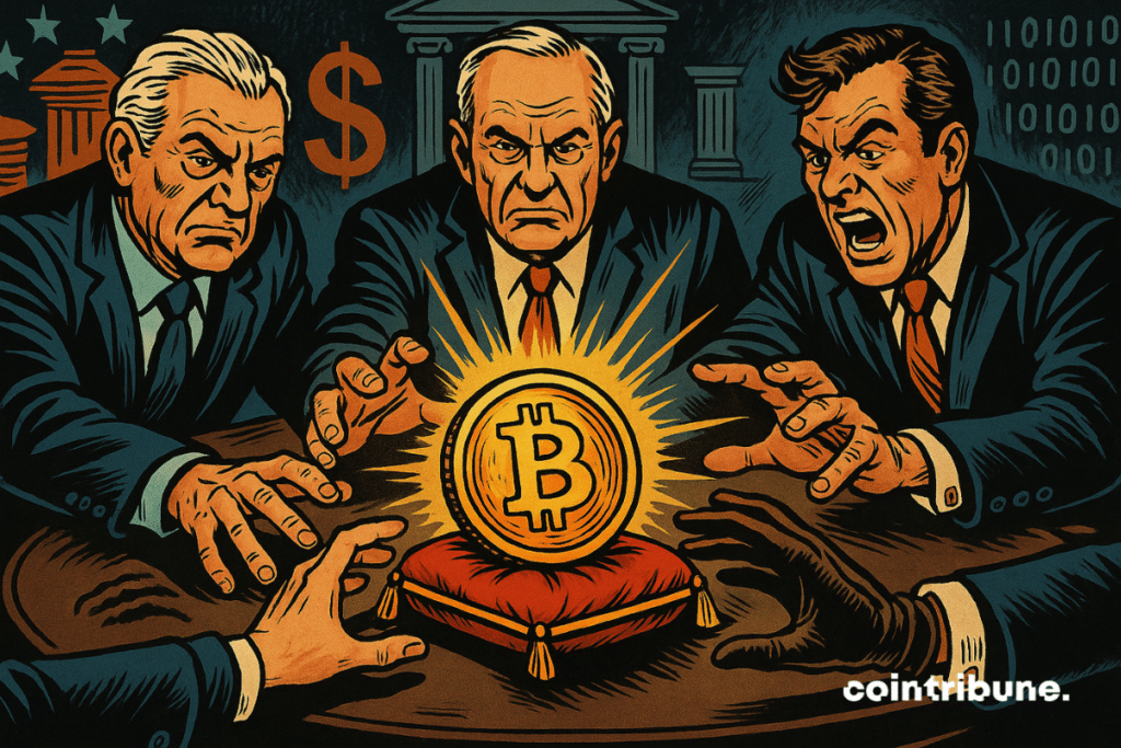 Três homens poderosos de terno correm para pegar uma moeda gigante de bitcoin