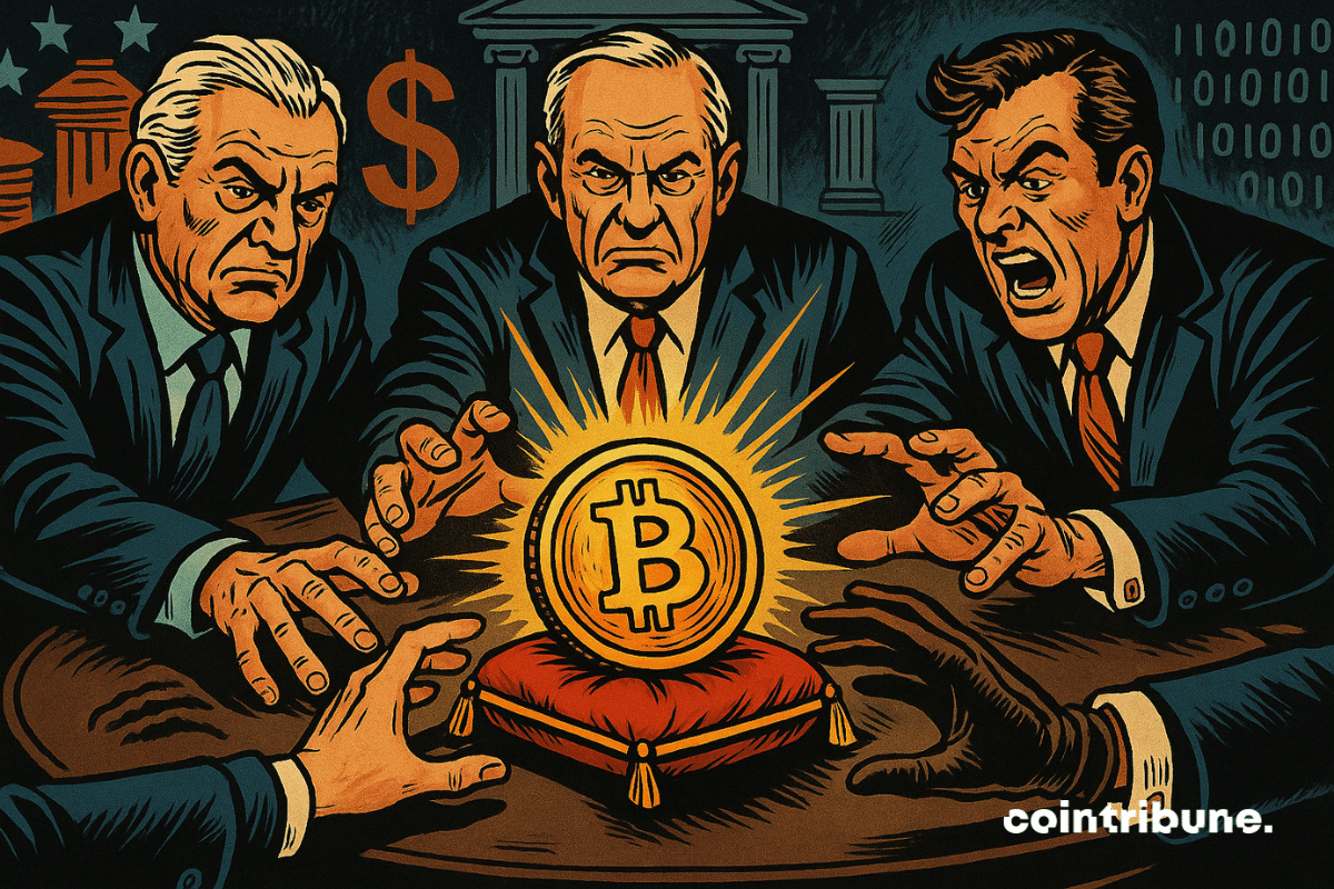 Três homens poderosos de terno correm para pegar uma moeda gigante de bitcoin