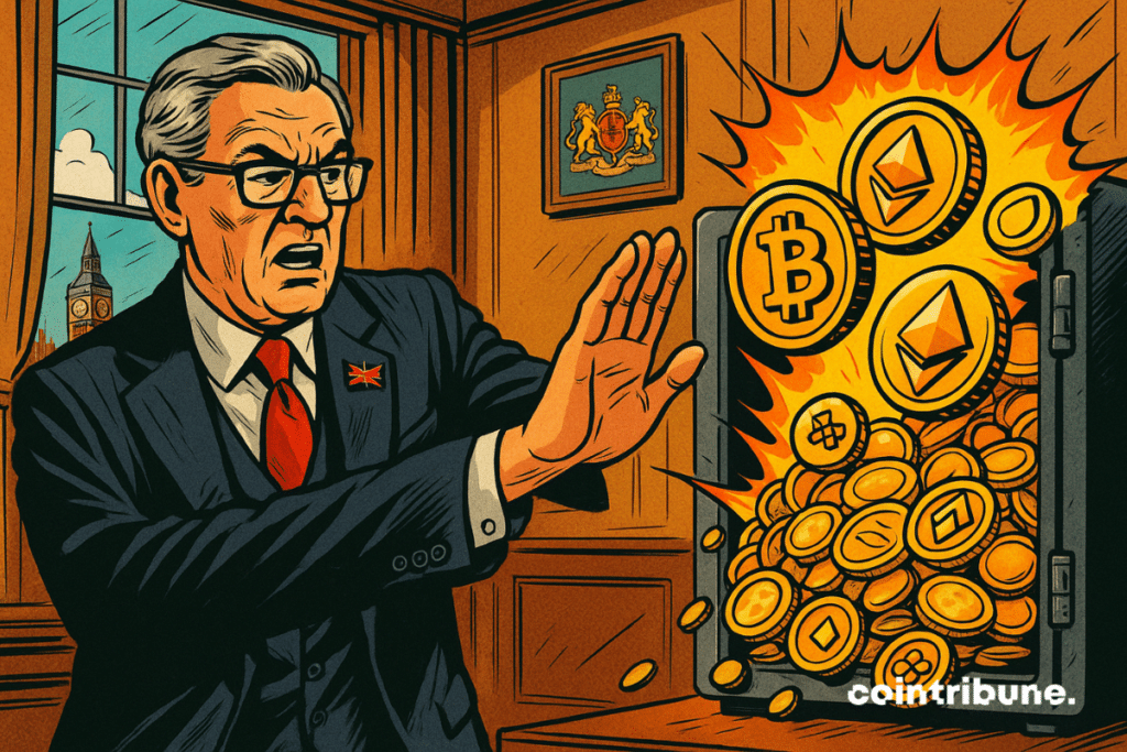 A British banker pushes away a crypto vault, symbolizing the Kingdom’s refusal.