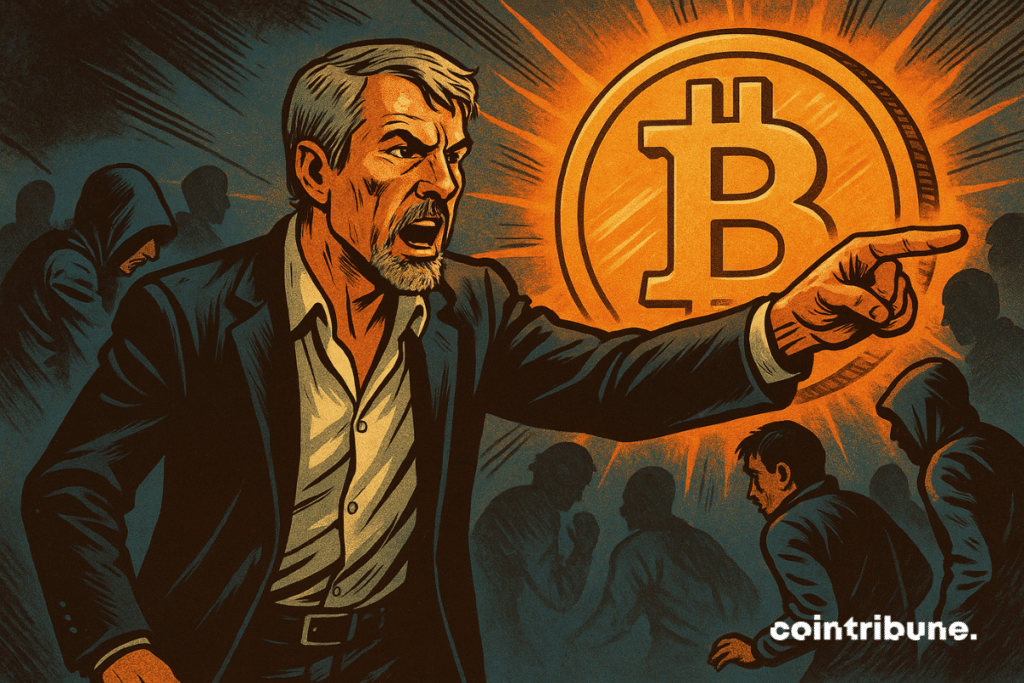 Ilustração de Michael Saylor criticando abertamente aqueles que abandonaram o Bitcoin durante a alta do mercado.