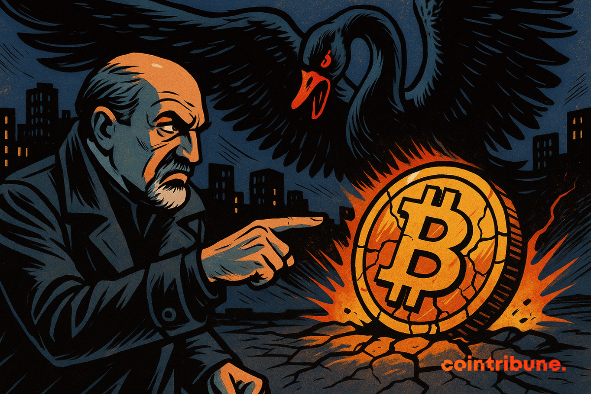 A imagem mostra um homem idoso com um casaco escuro (representando Taleb) apontando para um Bitcoin rachado