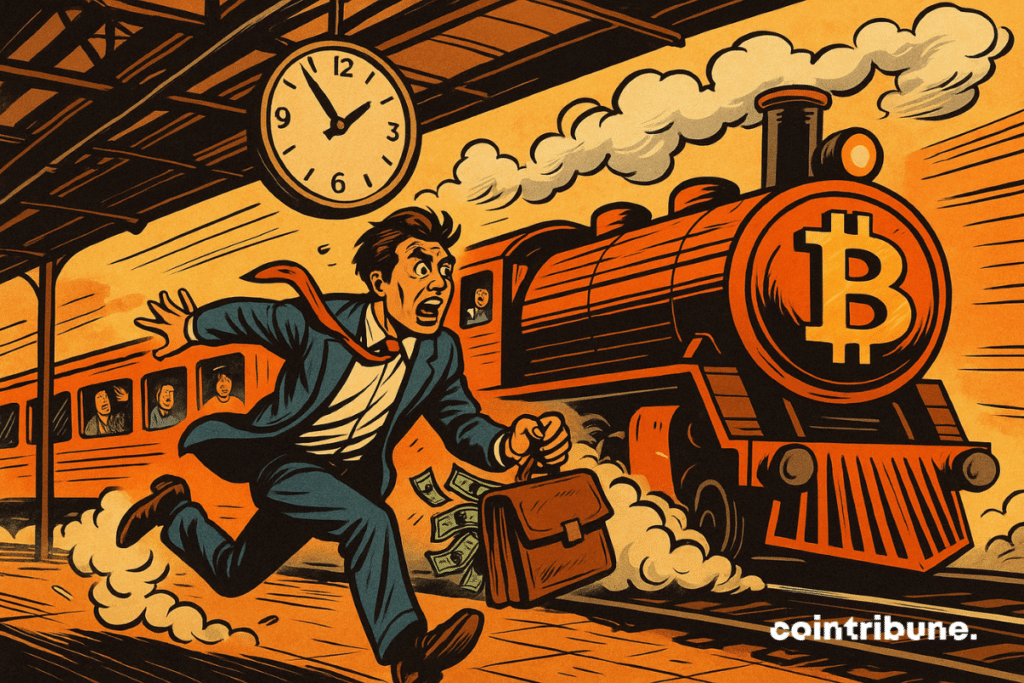 Um trem Bitcoin sai da estação. Um investidor está correndo atrás da locomotiva.