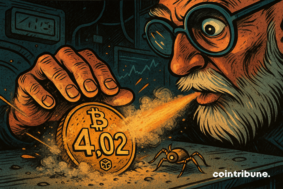 Ilustração de um velho barbudo soprando uma moeda de Bitcoin empoeirada, revelando o número 4,02 gravado em letras grandes.