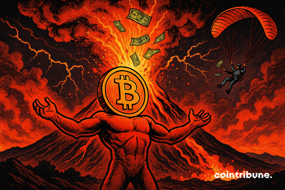 Um vulcão em erupção com moedas de Bitcoin ejetadas do topo.