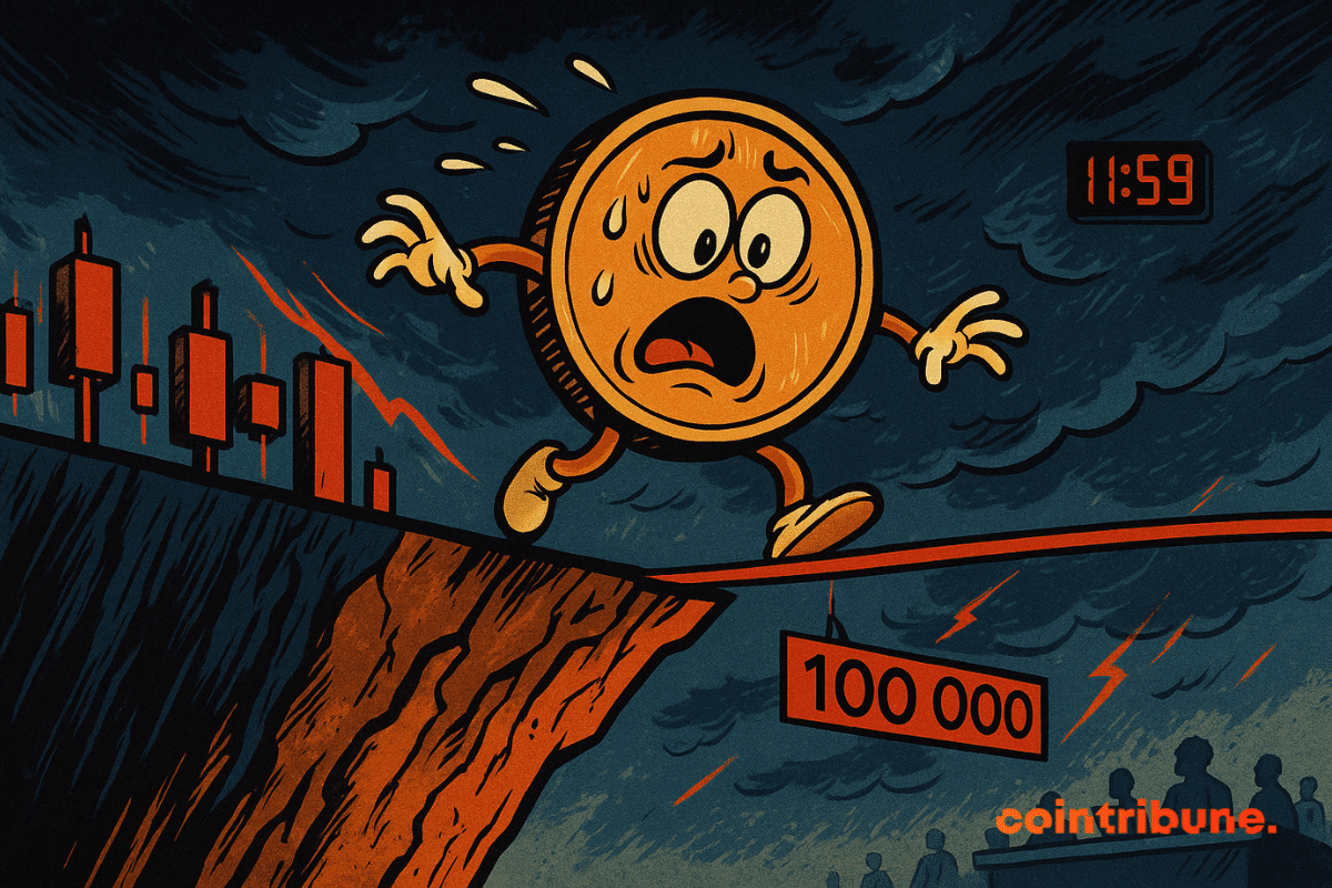 Bitcoin personificado, uma moeda dourada com braços e pernas, olhos arregalados, desequilibrada na linha dos US$ 100.000, representada como um fio vermelho pendurado, simbolizando o possível colapso ligado à publicação de dados de inflação dos EUA.