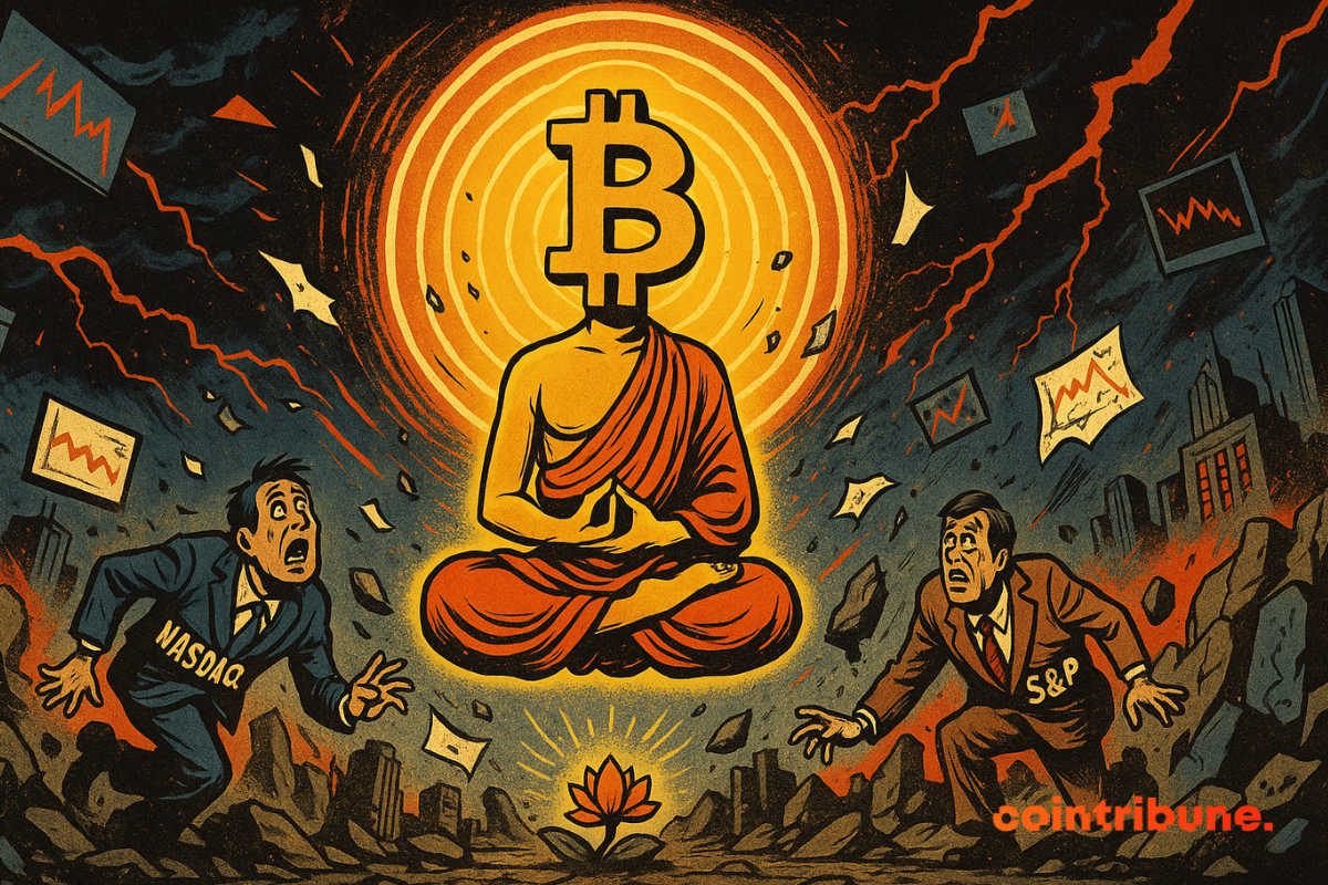 O Bitcoin personificado, ainda como um monge, mas desta vez levitando ligeiramente acima do chão, com as pernas cruzadas em posição de meditação, simbolizando a queda da volatilidade.