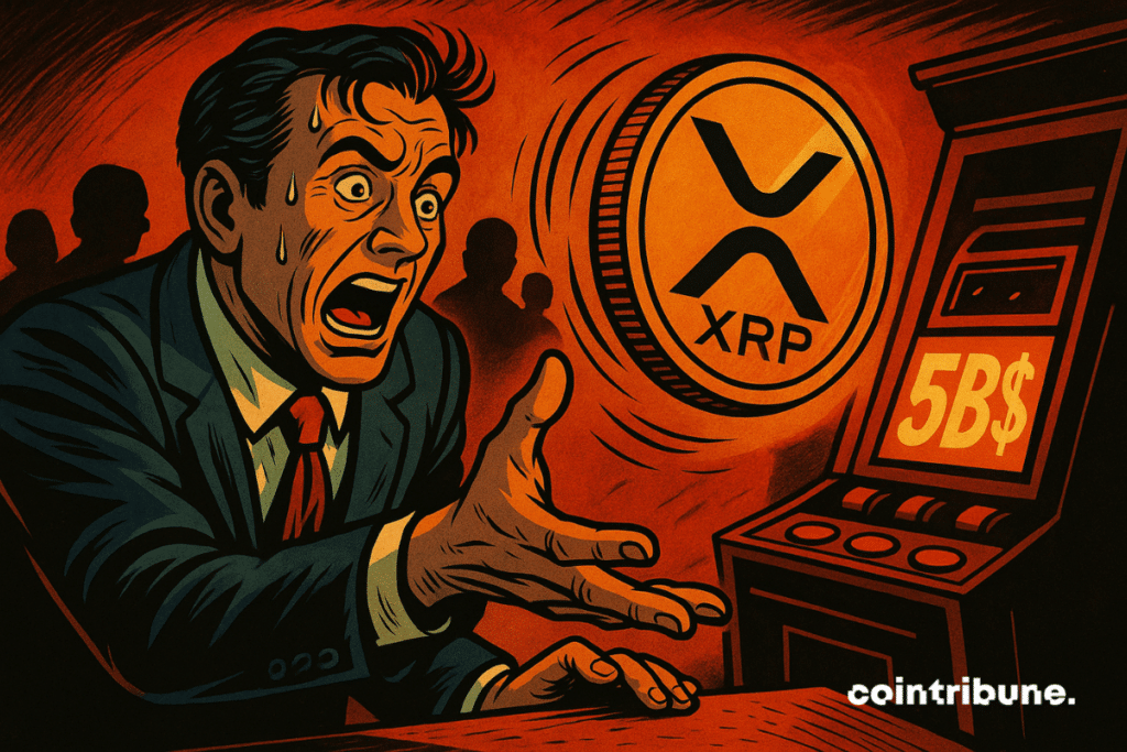Comerciante em um cassino, jogando uma moeda de XRP em uma máquina caça-níqueis mostrando US$ 5 bilhões