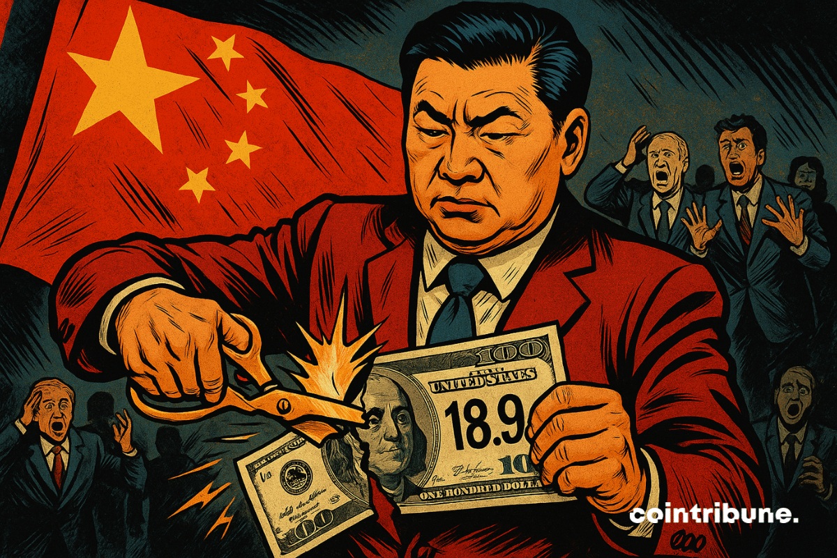 Uma multidão chocada com um líder chinês cortando uma nota de US$ 100
