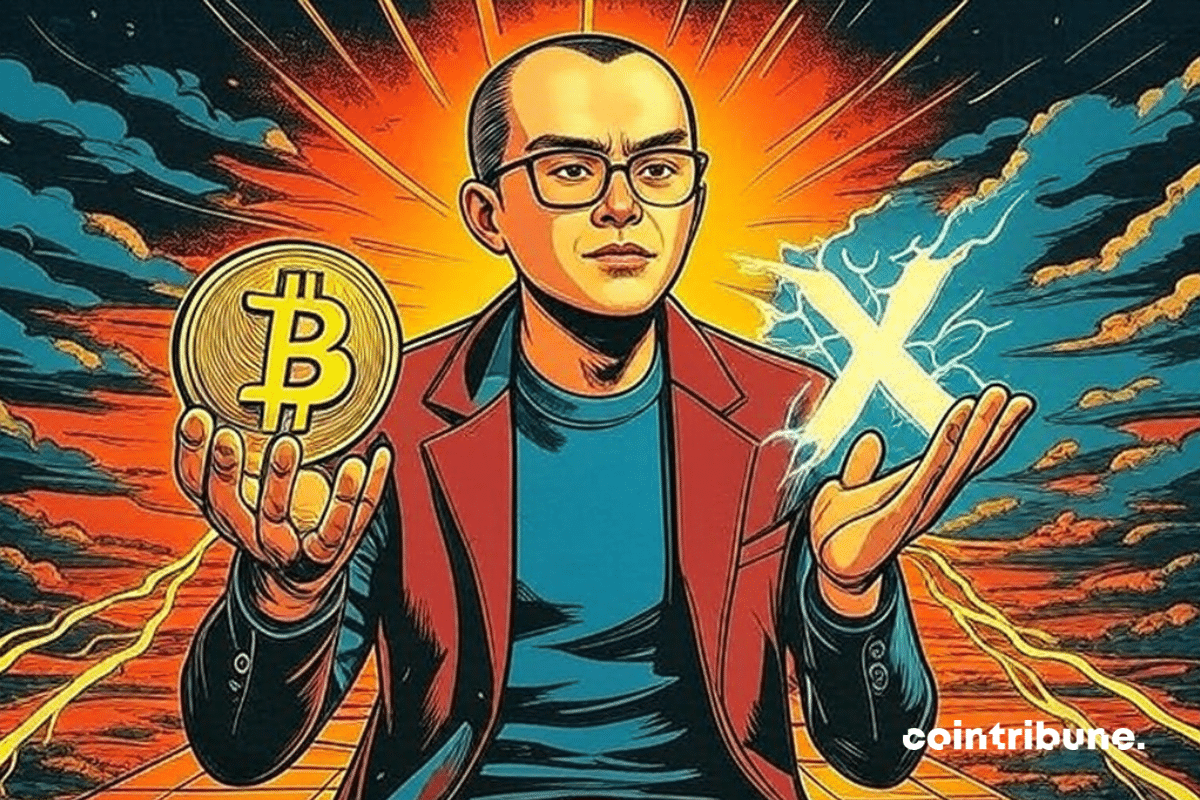 CZ segurando o logotipo do bitcoin em uma mão e o logotipo da X na outra.