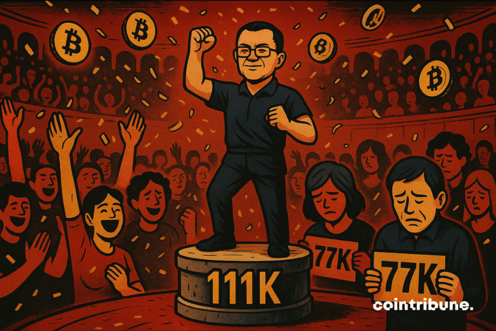 CZ de pé torcendo pelos detentores de Bitcoin.